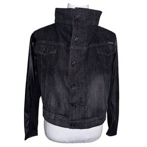 DKNY Black Jean Jacket Faux Leather Sleeves High Collar